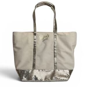 VS Victoria’s Secret Large Silver Sequin Canvas Tote Bag